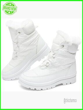 Warm Fur Lined Mid-Calf Combat Boots Waterproof Winter Snow Boots Lace Up